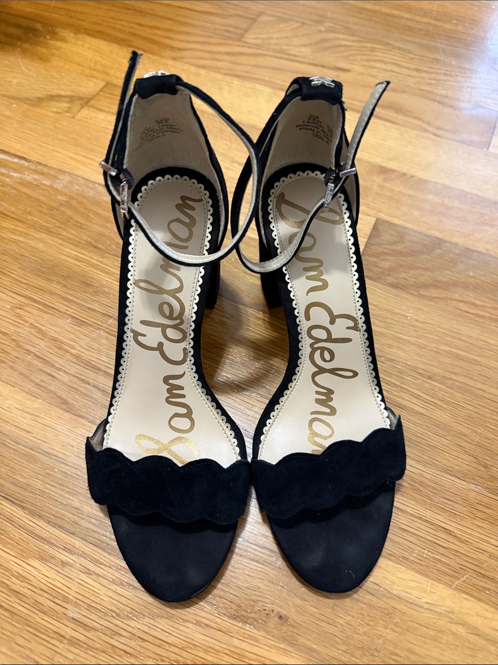 Sam Edelman Black Scalloped Ankle-Strap Block Heels